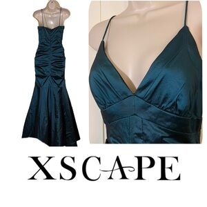 Xscape NEW Dark Teal Spaghetti-Strap Ruched Mermaid Gown
